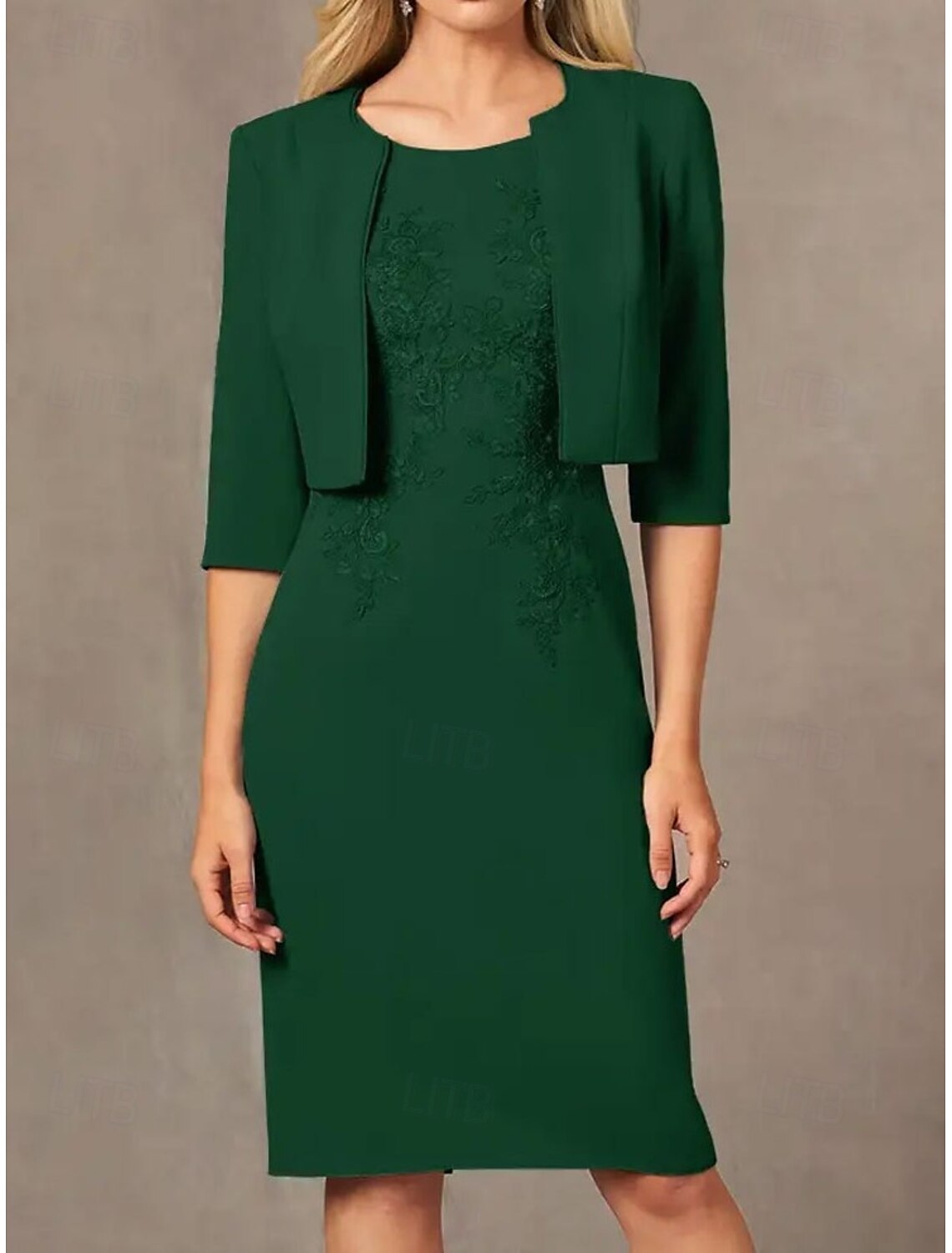 Buyishang Two Piece Sheath / Column Dress Suit Mother of the Bride Dress Elegant Simple Jewel Neck Knee Length Stretch Fabric 3/4 Length Sleeve Jacket Dresses with Embroidery Appliques